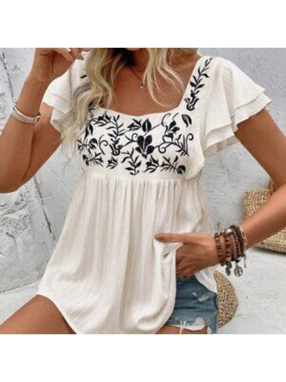 Apricot Boho Women's Square Neck Embroidered Short Sleeve Shirt Peplum Top - Picture 5 of 5